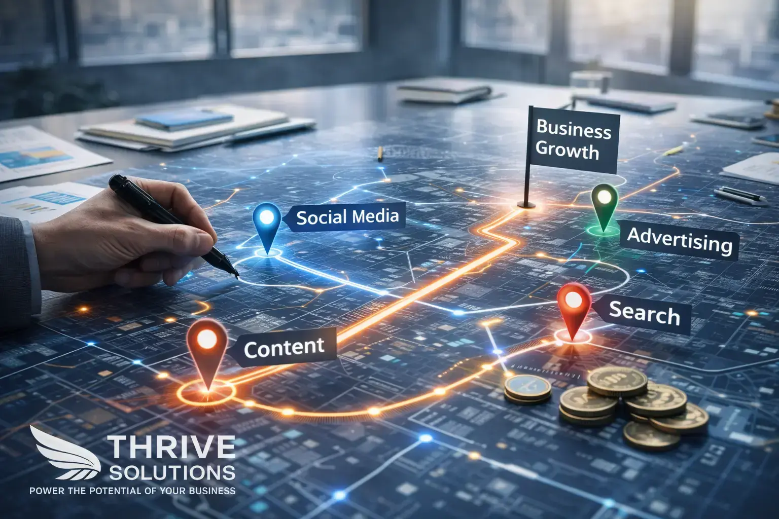 A one-page digital marketing plan on a desk