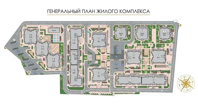 ЖК Золота Ера — генплан території комплексу: розташування будинків, паркінгів та інфраструктури