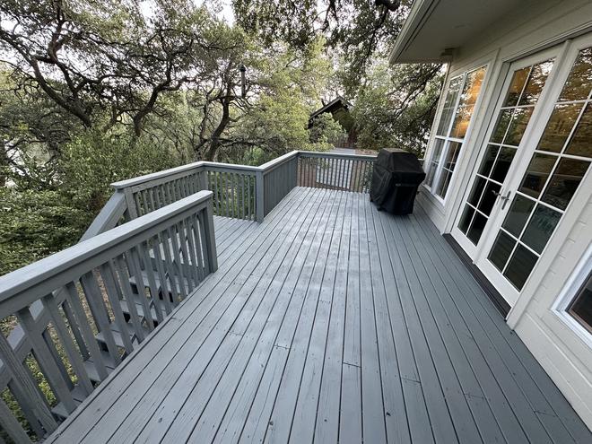 Deck staining and painting Austin TX — exterior deck paint gray finish