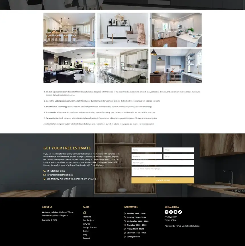Страница галереи кухонь Prime Kitchens с формой расчёта стоимости