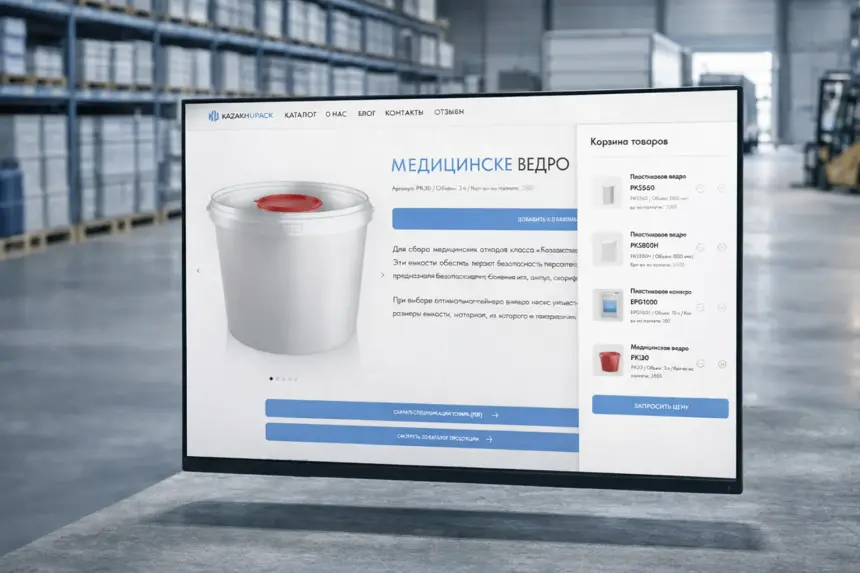 KazakhUpack medical pail product page on a monitor
