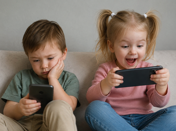 Two toddlers sitting on a sofa with phones, one watching passively and one playing actively