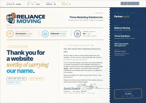 Letter of appreciation from Reliance Moving to Thrive Solutions