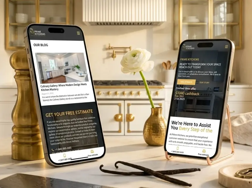 Форма расчёта стоимости Prime Kitchens на двух смартфонах, лежащих на кухонной столешнице