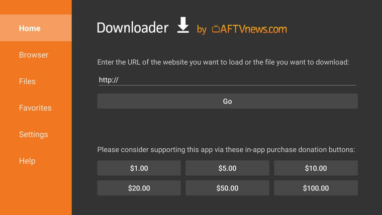 Главный экран Downloader с полем для адреса и кнопкой Go