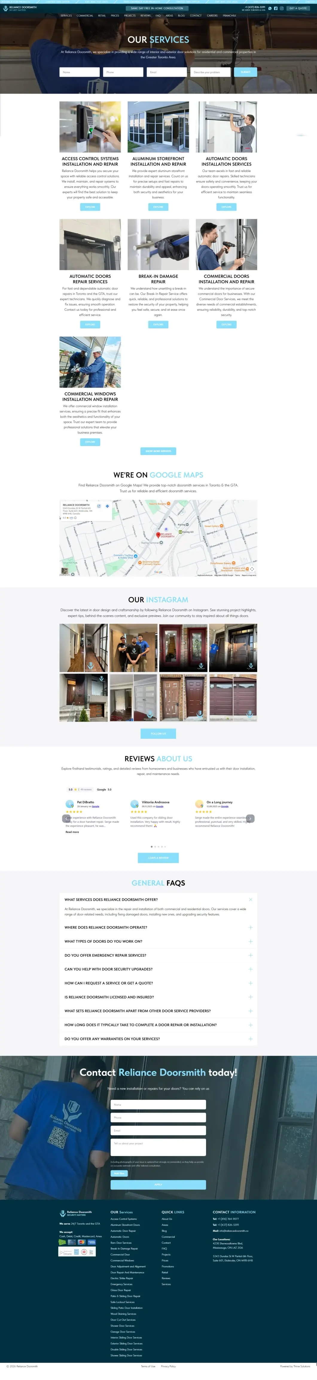 Страница услуг на сайте Reliance Doorsmith