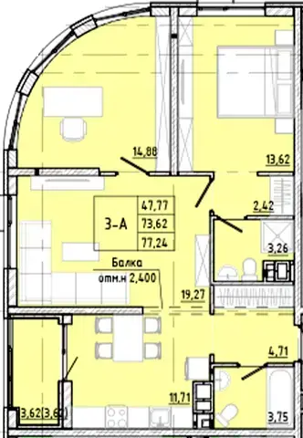 Планировка 3-комнатной квартиры в ЖК Modern — вариант 1