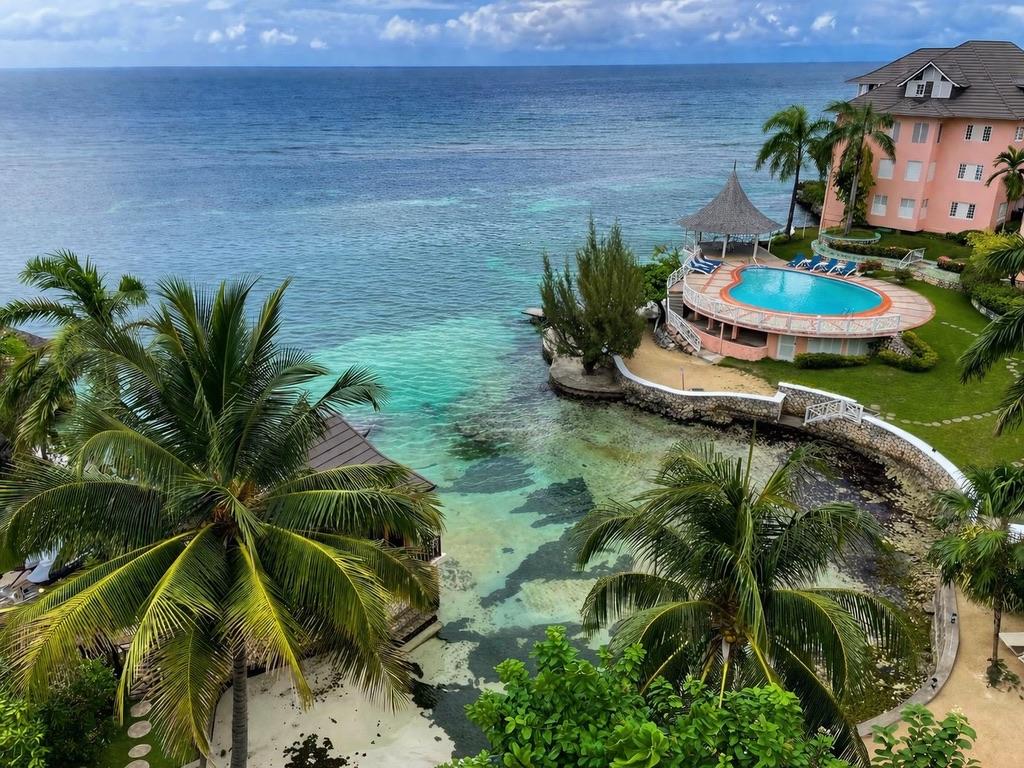 Aerial view of the oceanfront retreat setting near Ocho Rios, Jamaica