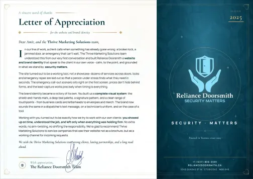 Благодарственное письмо от Reliance Doorsmith в адрес Thrive Solutions
