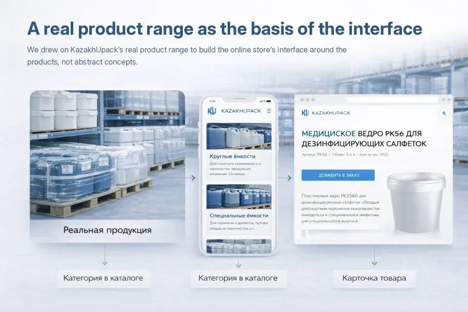 KazakhUpack interface built on the real product range: catalogue categories and product cards