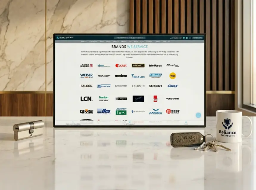 Блок брендов-партнёров сайта Reliance Doorsmith на мониторе