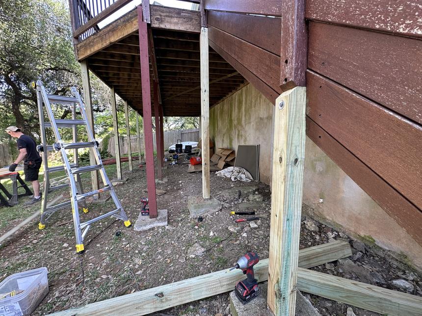 Deck post replacement project Cedar Park TX — pressure treated posts installed