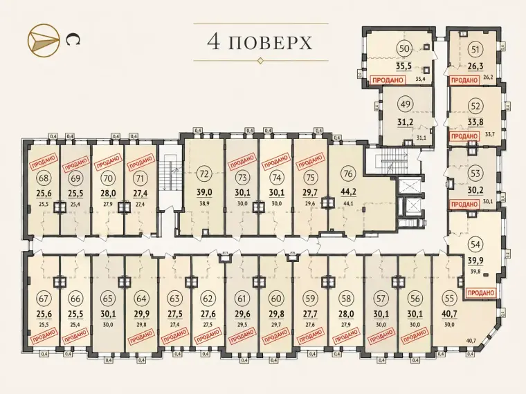 План 4 поверху прибуткового будинку Salve — апартаменти площею 25,5–44,2 м²