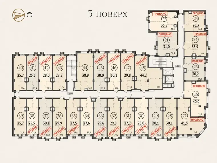 План 3 поверху прибуткового будинку Salve — апартаменти площею 25,5–44,2 м²