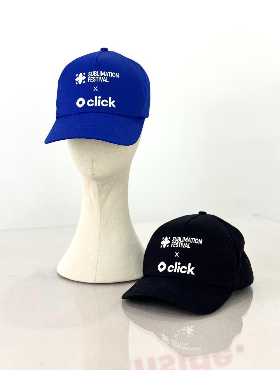 Blue and navy Sublimation Festival x Click caps on a mannequin