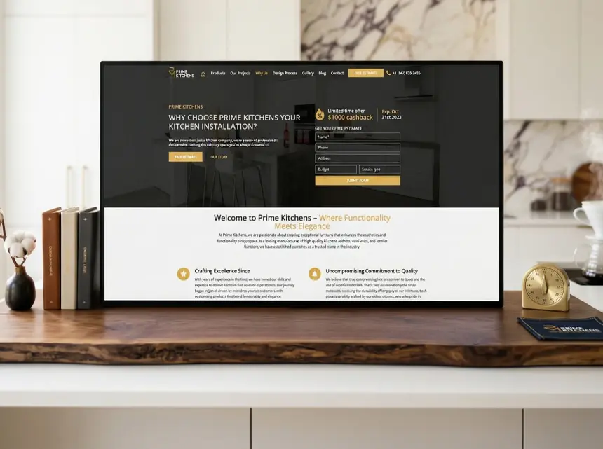 Главная страница Prime Kitchens на мониторе в интерьере с отделкой из дерева