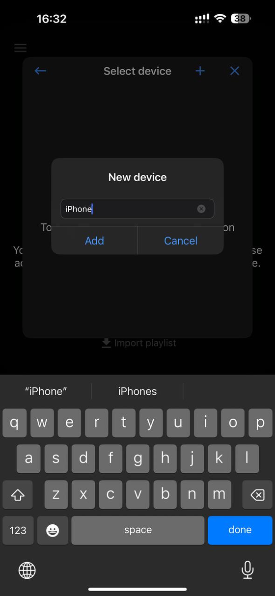 Окно «New device» с полем названия и кнопкой Add
