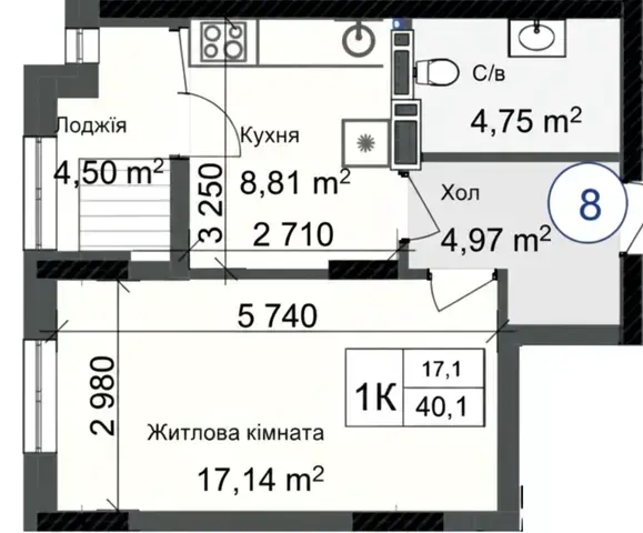 1-кімнатна квартира в ЖК Odesa City — варіант 8
