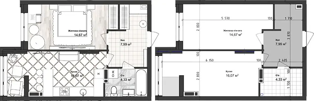 Планування 1-кімнатної квартири в ЖК Sea Town — варіант 12