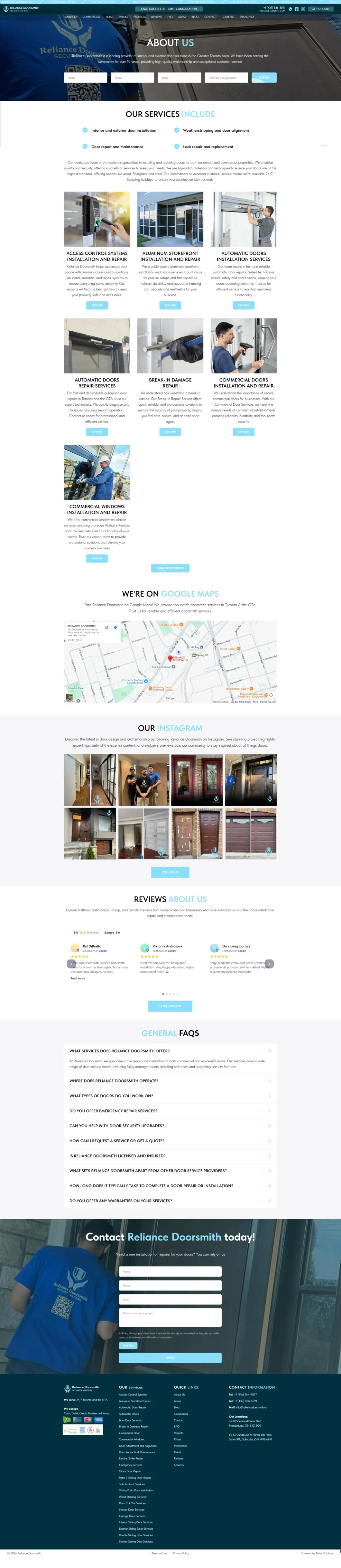 Страница «О нас» на сайте Reliance Doorsmith
