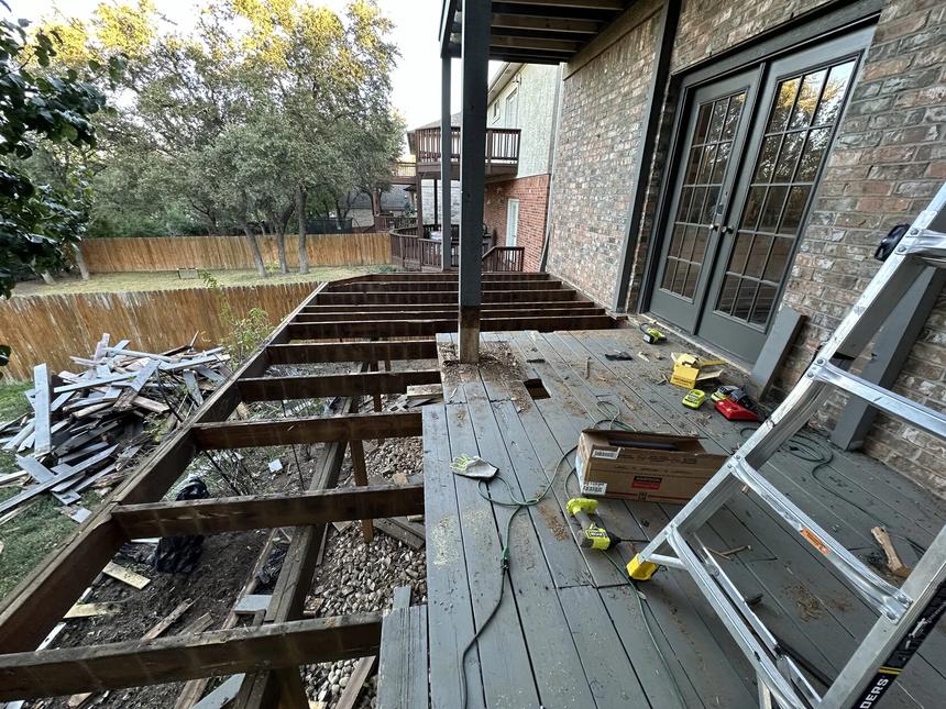 Two-level wood deck restoration Austin TX — before