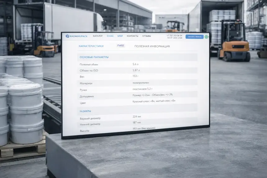 KazakhUpack product specifications page on a monitor in a warehouse