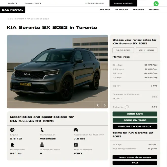 Car detail page on DauRental.ca with specifications, rental terms and price by number of days