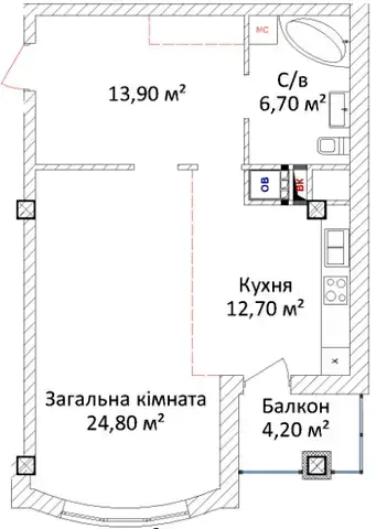 Планировка 1-комнатной квартиры в ЖК на Еврейской