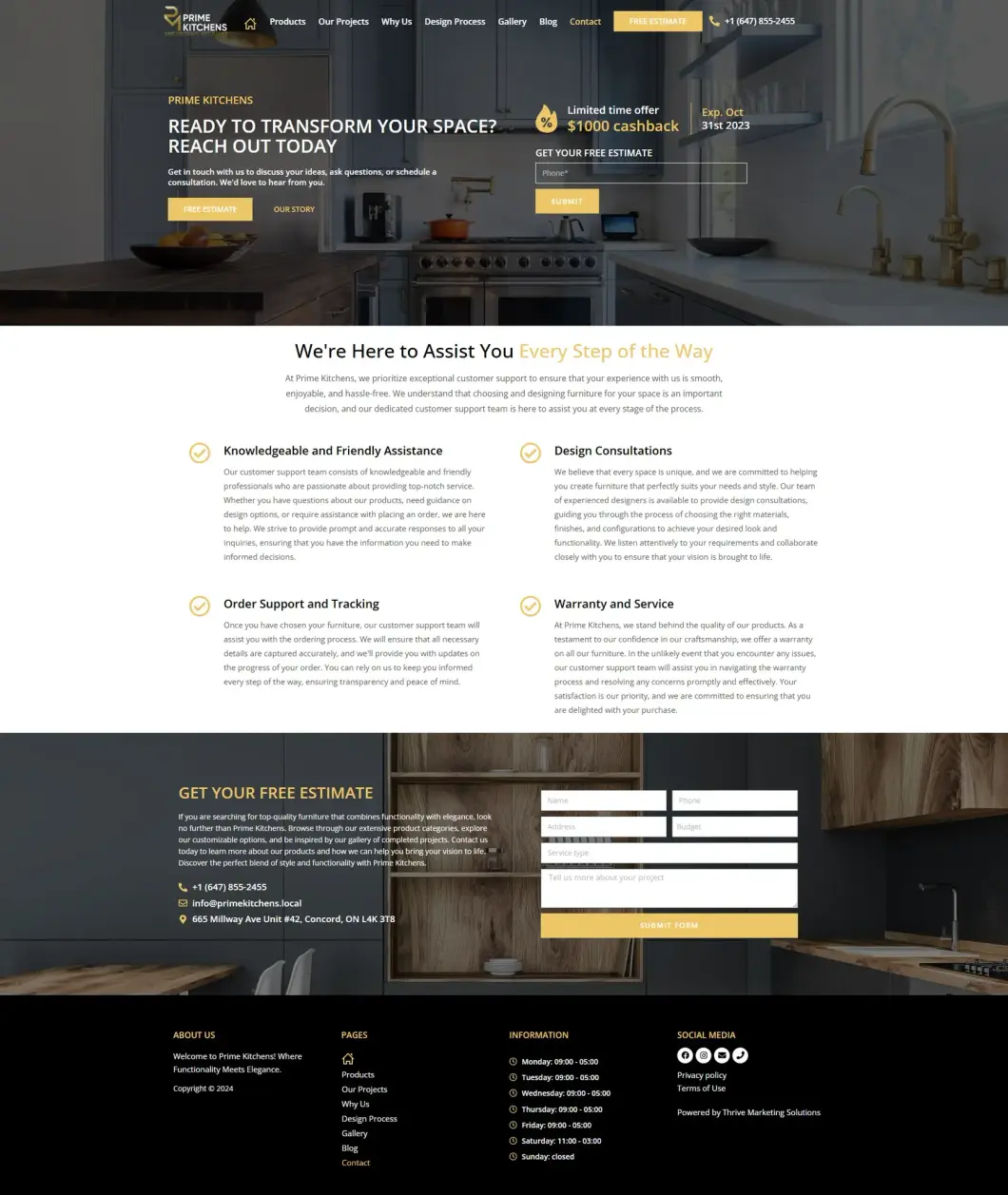 Страница контактов на сайте Prime Kitchens