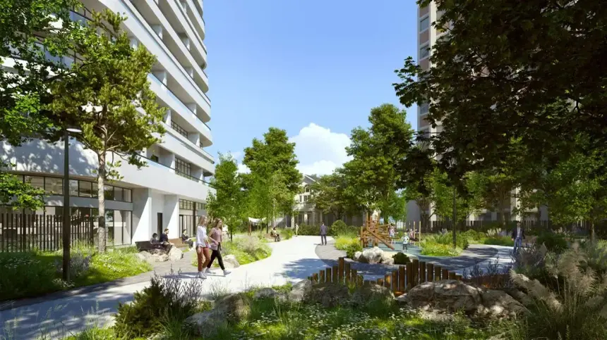 Двор-парк KANDINSKY Odessa Residence — прогулочные дорожки и озеленение между башнями