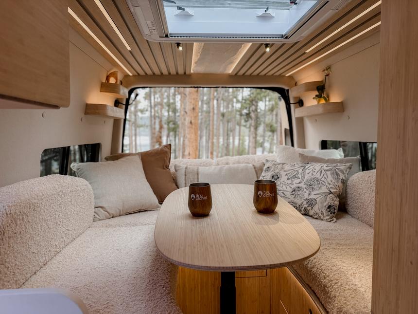 Hydraulic table in a Tiny Planet van
