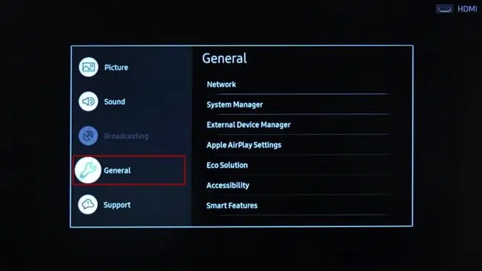 Меню Samsung: вкладка «Общие» и пункт «Сеть»