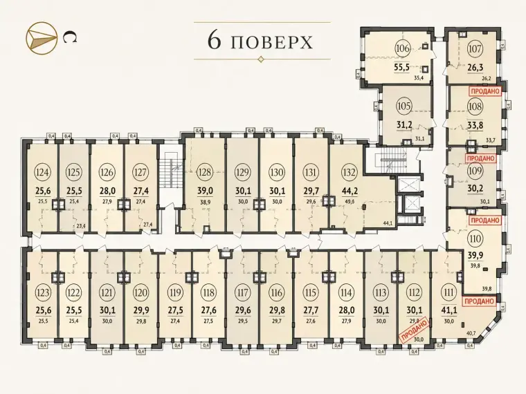 План 6 поверху прибуткового будинку Salve — апартаменти площею 25,5–55,5 м²