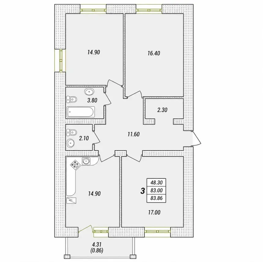 Планування 3-кімнатної квартири площею 91–97 м² у ЖК Парк Совіньйон