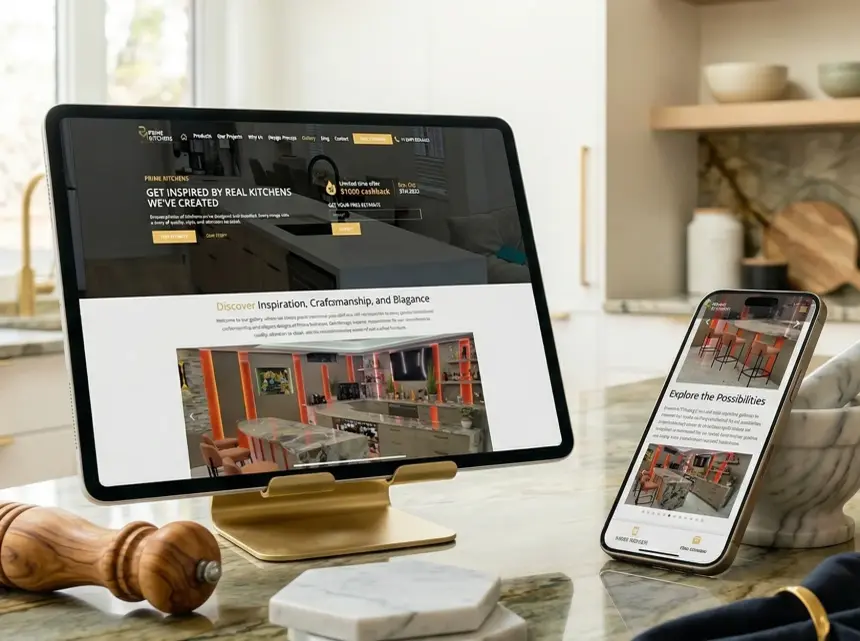 Главная страница Prime Kitchens на ноутбуке и смартфоне в кухне с мраморной отделкой