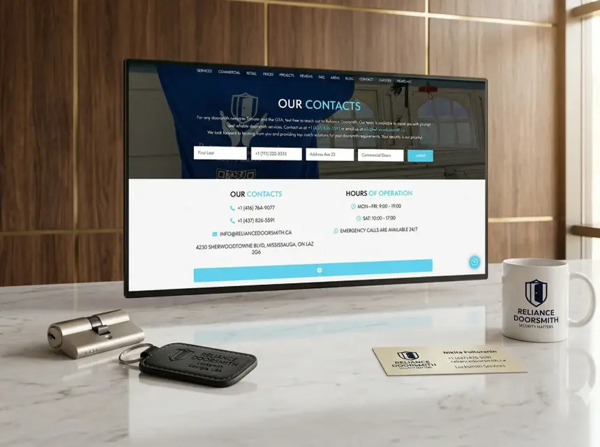 Страница контактов Reliance Doorsmith на мониторе компьютера