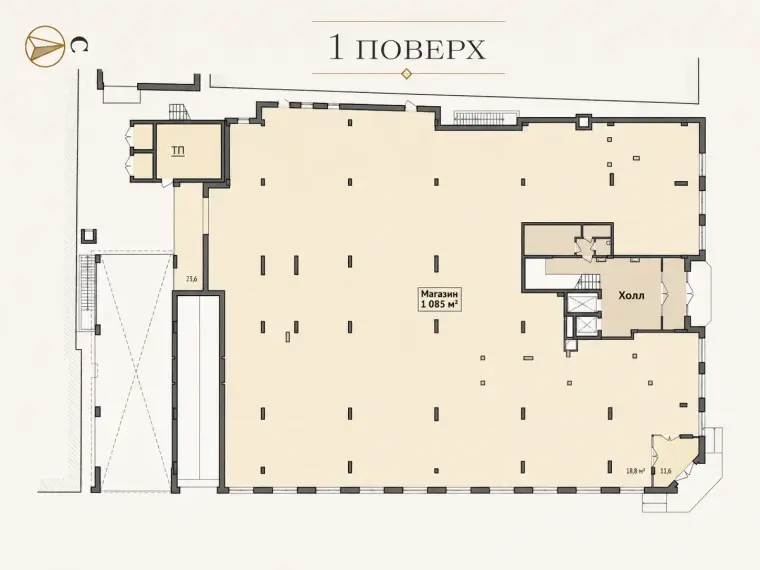 План 1 поверху будинку Salve — торговельне приміщення площею 1 085 м² та хол