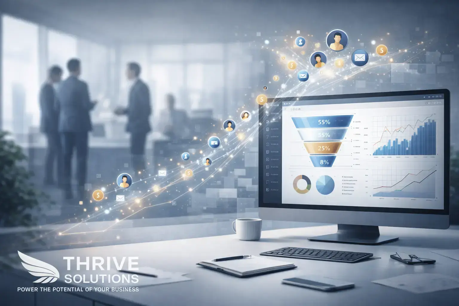 A sales funnel narrowing from website visitors to paying customers