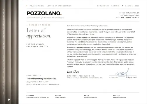 Letter of appreciation from Pozzolano to Thrive Solutions