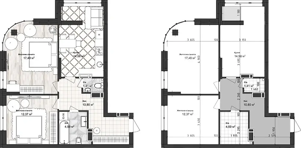 Планування 2-кімнатної квартири в ЖК Sea Town — варіант 4