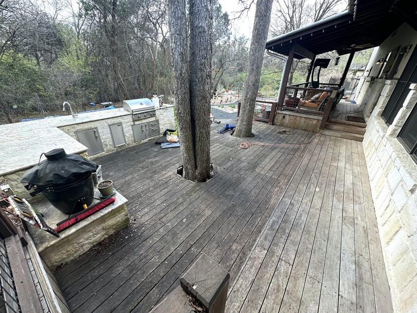 IPE deck before restoration Lakeway TX — gray oxidized weathered hardwood surface