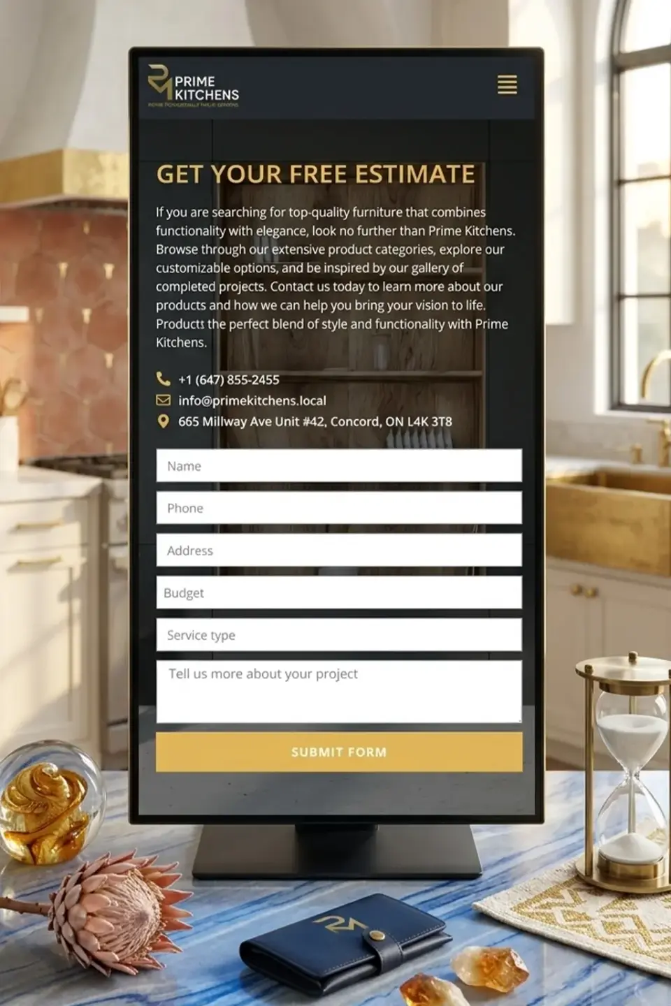 Форма бесплатного расчёта Prime Kitchens на вертикальном дисплее