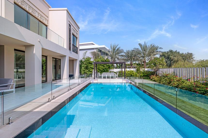 Modern rental home with a lap pool