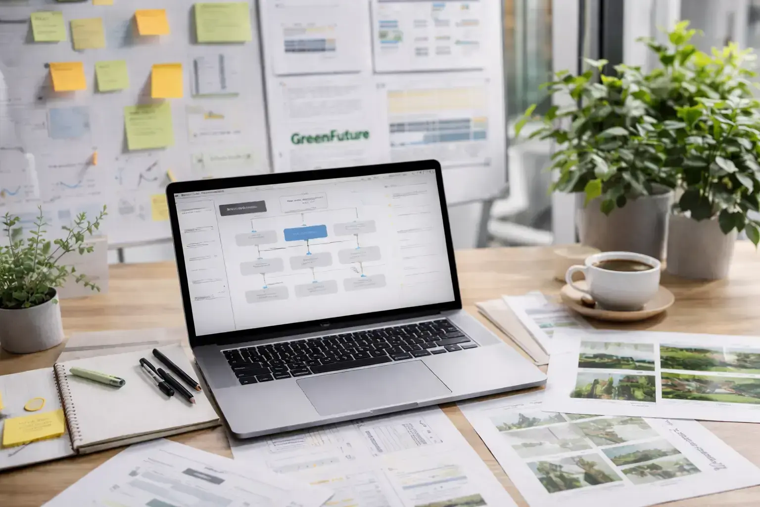 Сайт GreenFuture на экране ноутбука в окружении зелени