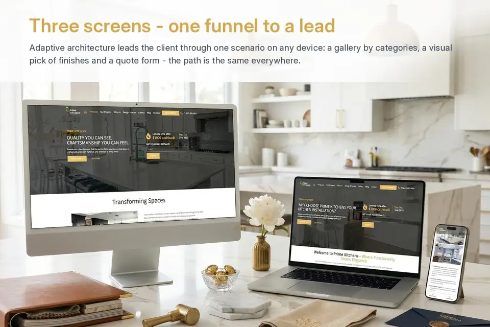 Сайт Prime Kitchens на мониторе, ноутбуке и смартфоне: три экрана, одна воронка к заявке