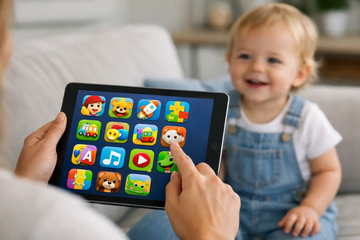Parent and smiling toddler looking at a tablet screen full of kids app icons