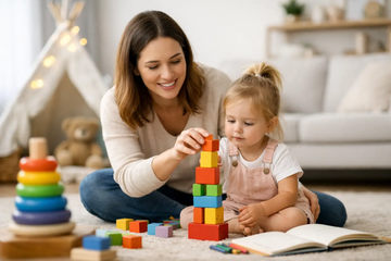 Mother and toddler stacking colourful wooden blocks on the living room floor