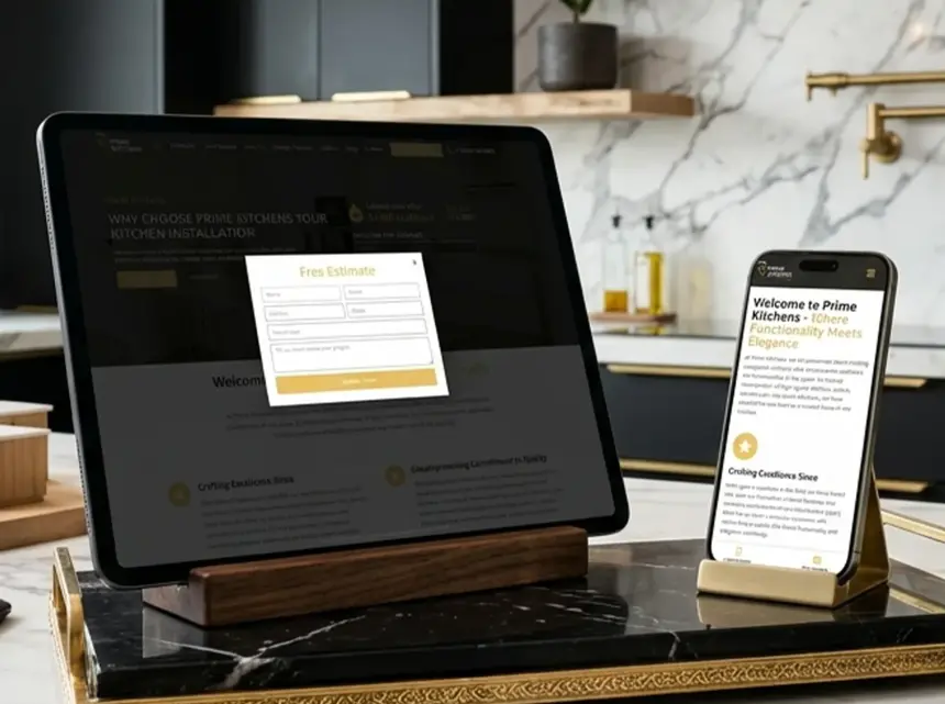 Страница расчёта стоимости Prime Kitchens на планшете в современной кухне