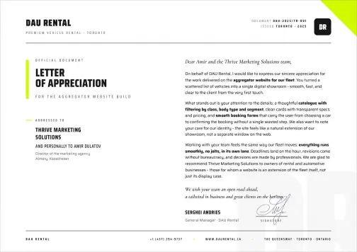 Letter of appreciation from DAU Rental to Thrive Solutions