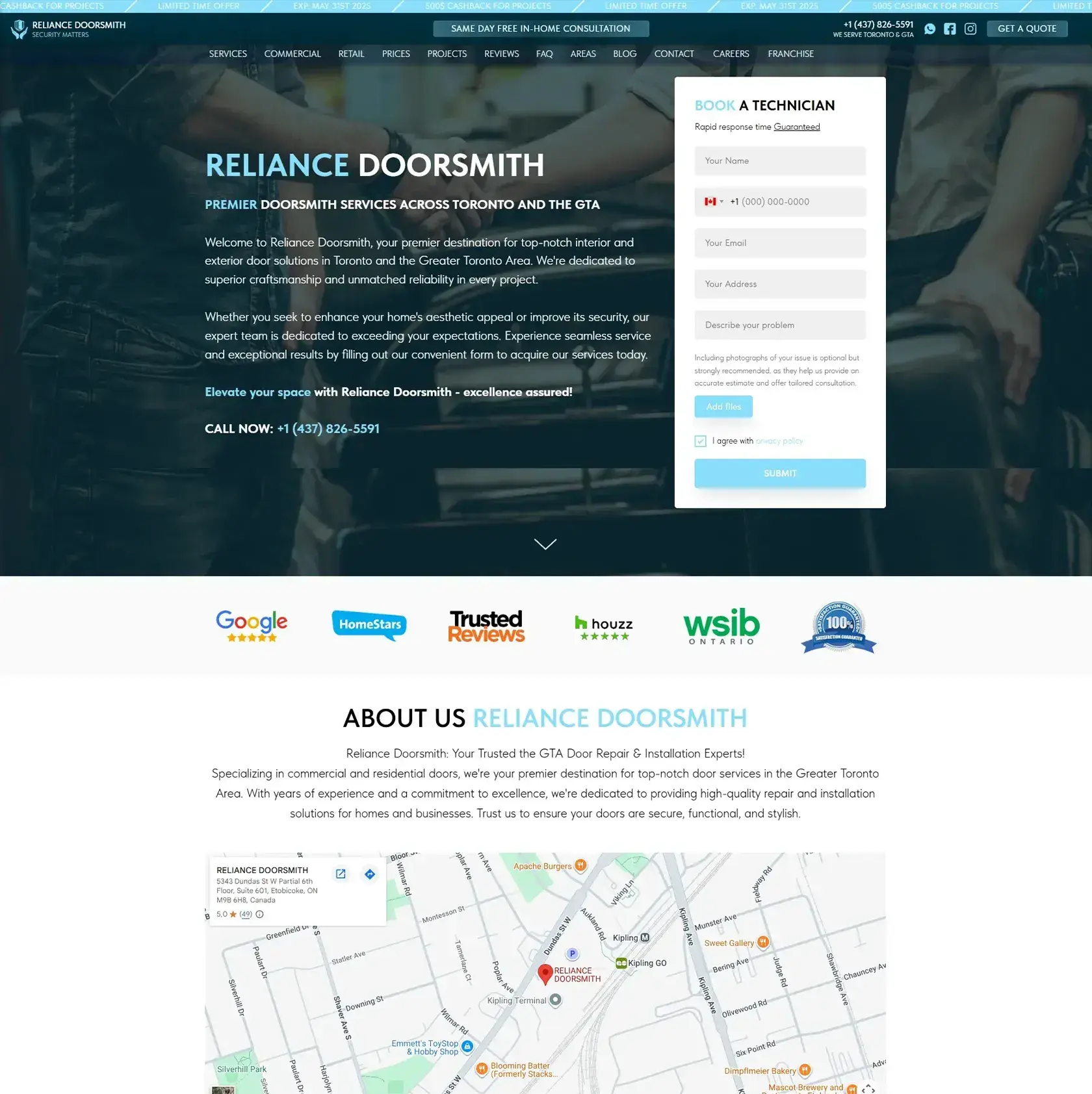 Главная страница Reliance Doorsmith с формой вызова мастера - сайт компании по ремонту дверей в Торонто